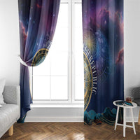 Purple space window curtain panels with gold astronomical clock design flanking a window