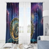 Purple space window curtain panels with gold astronomical clock wheel and zodiac symbols
