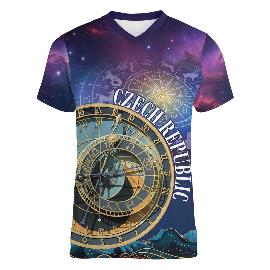 Czech Republic Astronomical Clock Women V-Neck T-Shirt Zodiac Signs In Space - Wonder Print Shop