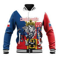 Two-tone baseball jacket with lion crest, red/blue sleeves, ribbed collar and cuffs