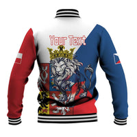Back view baseball jacket with customizable text, lion crest, red/blue sleeves, ribbed hem