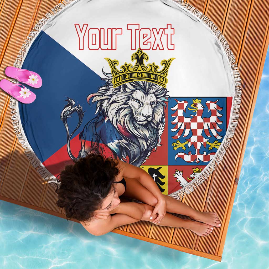 Round fringe beach blanket featuring crowned lion and Czech crest with blue-red flag, custom text