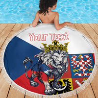 Round beach blanket with tassel fringe, crowned lion artwork and Czech crest, custom text