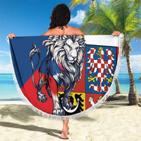 Round beach blanket with white fringe edge, crowned lion and crest graphic, custom text on blue-red
