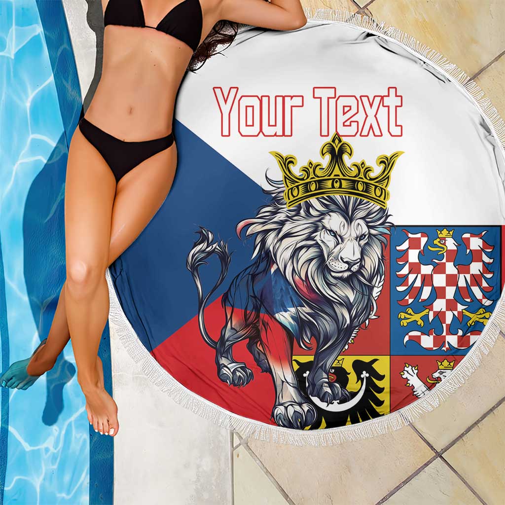 Round fringe beach blanket with crowned lion, Czech crest panel, and custom text on blue-red