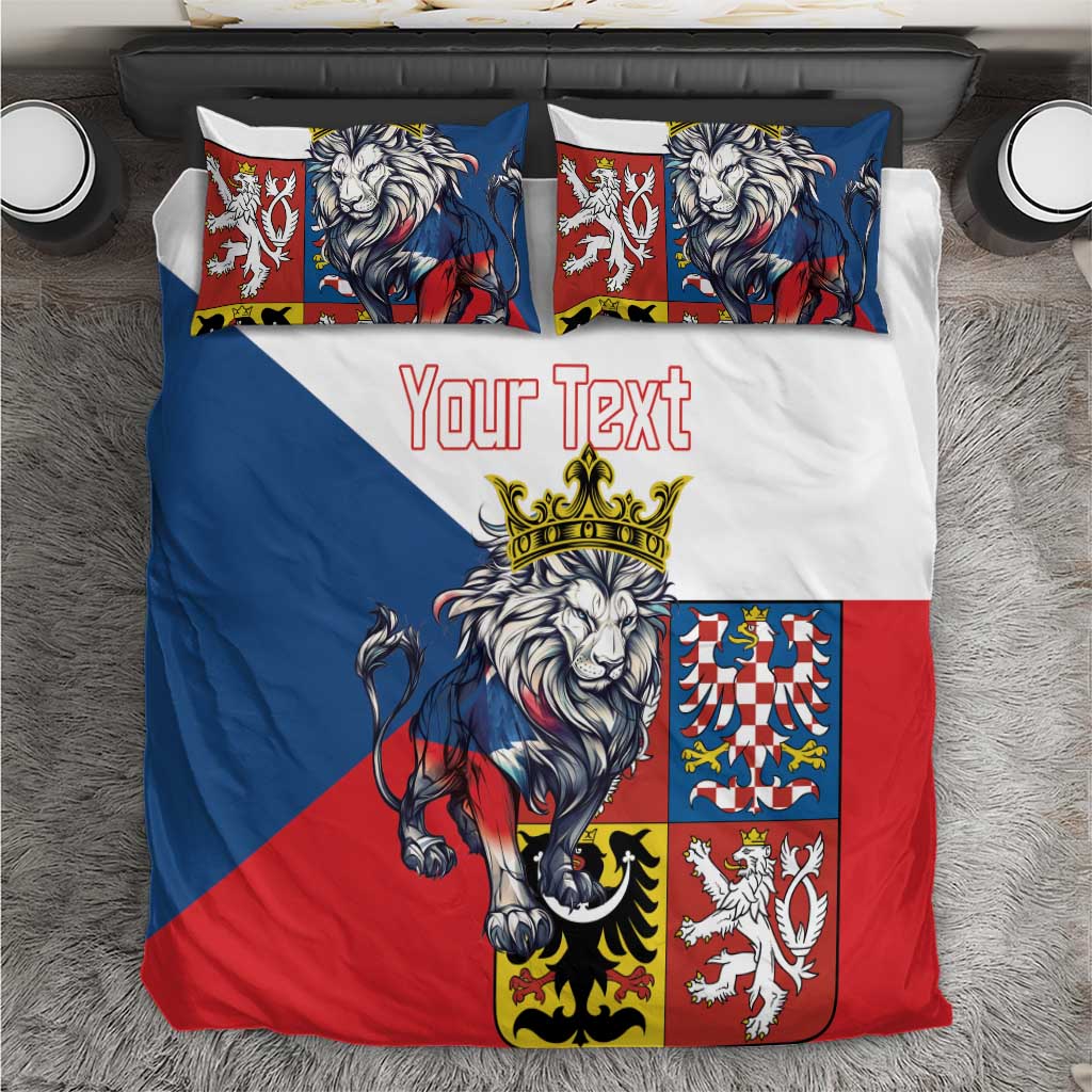 Personalized bedding set with lion crest, blue white red stripes, “Your Text” on duvet.