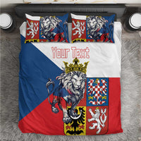 Personalized bedding set with lion crest, blue white red stripes, “Your Text” on duvet.