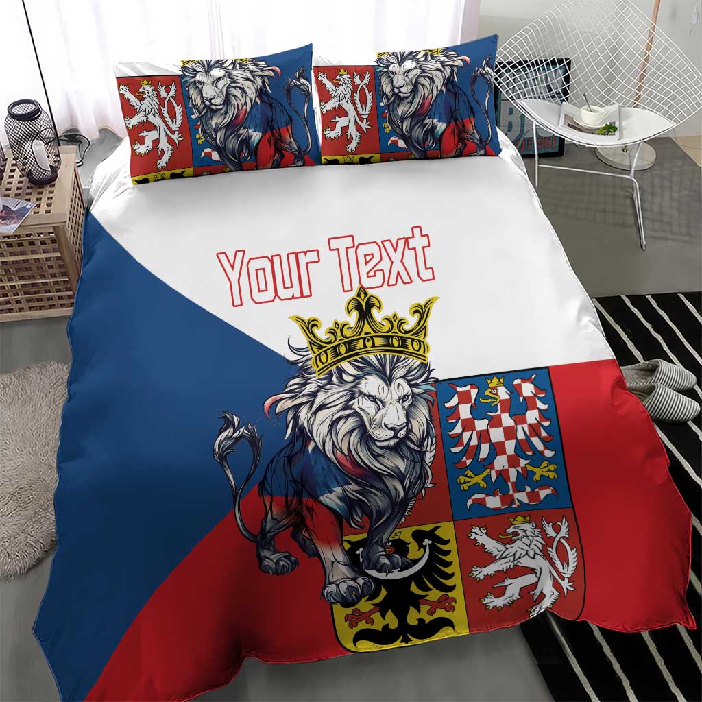 Personalized bedding set showing lion crest and “Your Text” across blue, white, and red.