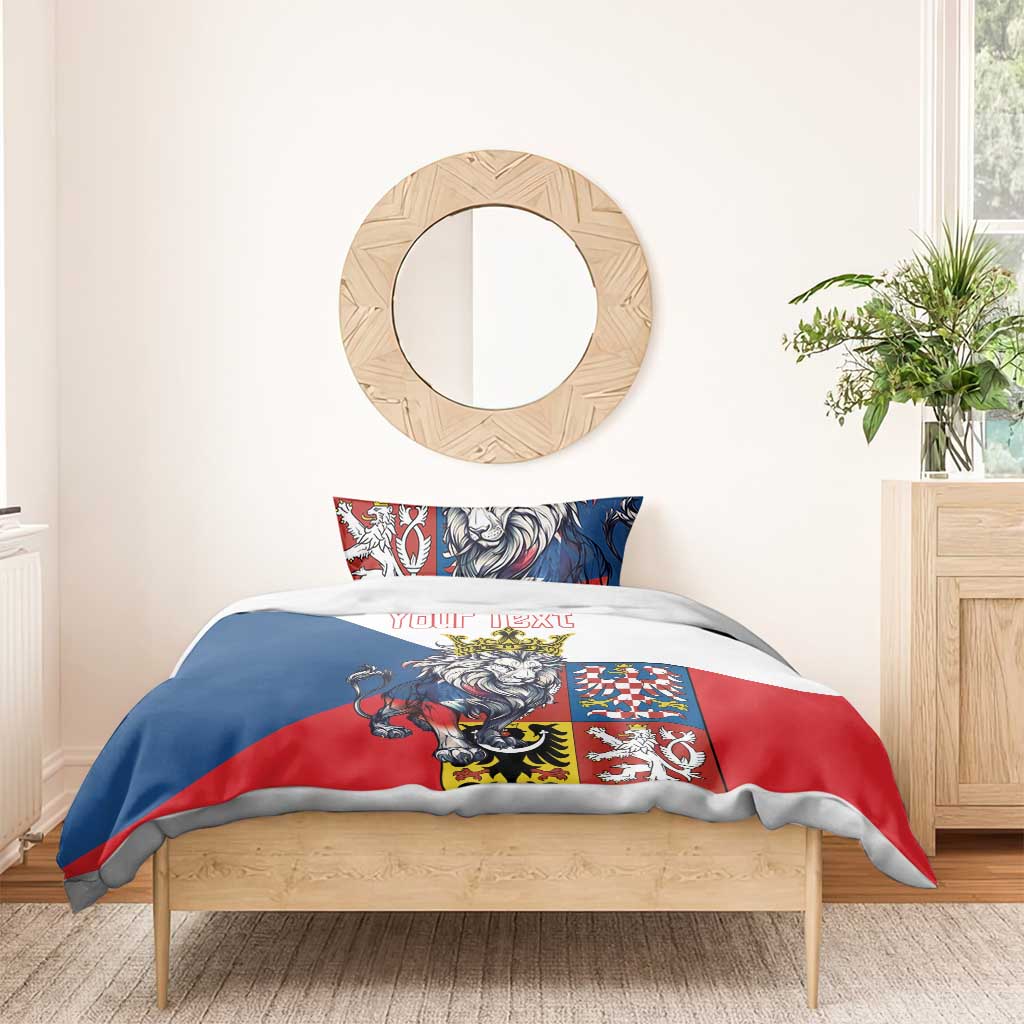 Personalized bedding set with lion crest duvet, “Your Text” lettering, blue white red.