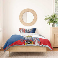 Personalized bedding set with lion crest duvet, “Your Text” lettering, blue white red.