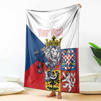 Personalized lion crest blanket draped on sofa with “Your Text” and Czech-themed colors