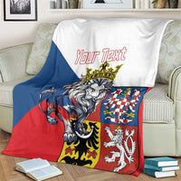 Personalized lion crest blanket with “Your Text” across crown, lion, red and blue