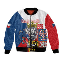 Red, blue & white bomber jacket with lion crest graphic and front zipper
