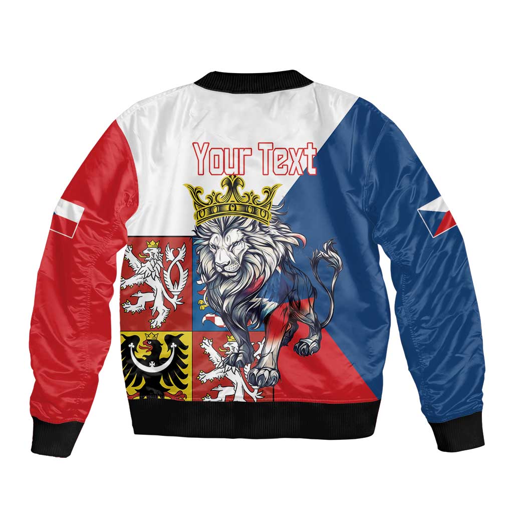 Back of red, blue & white bomber jacket with lion crest and 'Your Text'