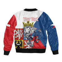 Back of red, blue & white bomber jacket with lion crest and 'Your Text'