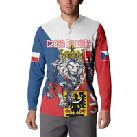 Zip-up sweatshirt with lion-and-crown graphic and Czech text, red/blue panels