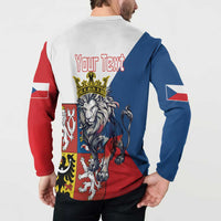 Zip-up sweatshirt back with 'Your Text' and lion-and-crown graphic, red/blue sleeves