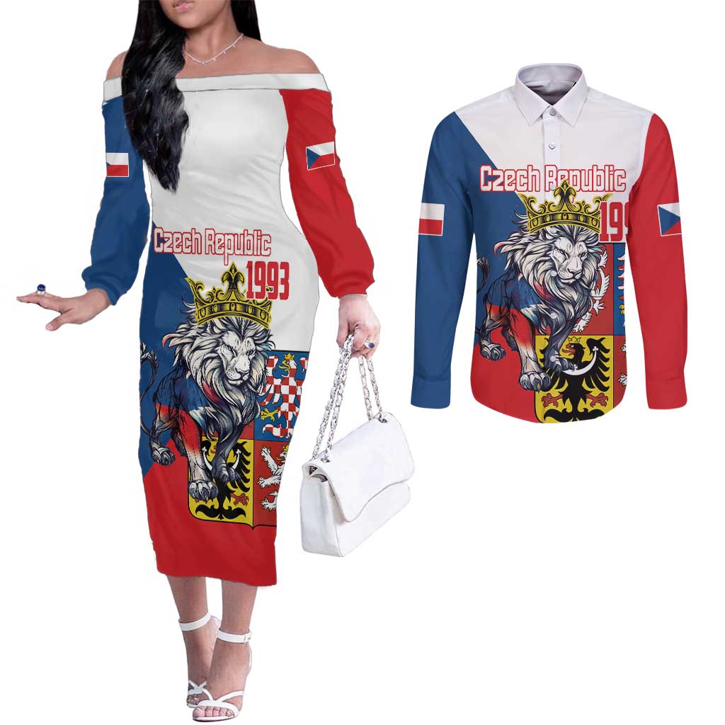 Personalized Czech Republic Restoration Day Couples Matching Off The Shoulder Long Sleeve Dress and Long Sleeve Button Shirt Double-Tailed Lion Truth Prevails