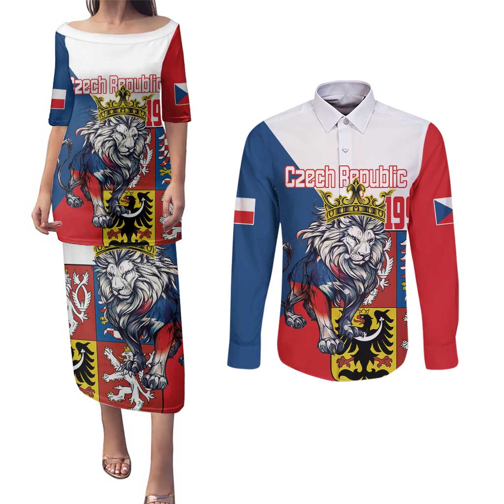 Personalized Czech Republic Restoration Day Couples Matching Puletasi and Long Sleeve Button Shirt Double-Tailed Lion Truth Prevails - Wonder Print Shop