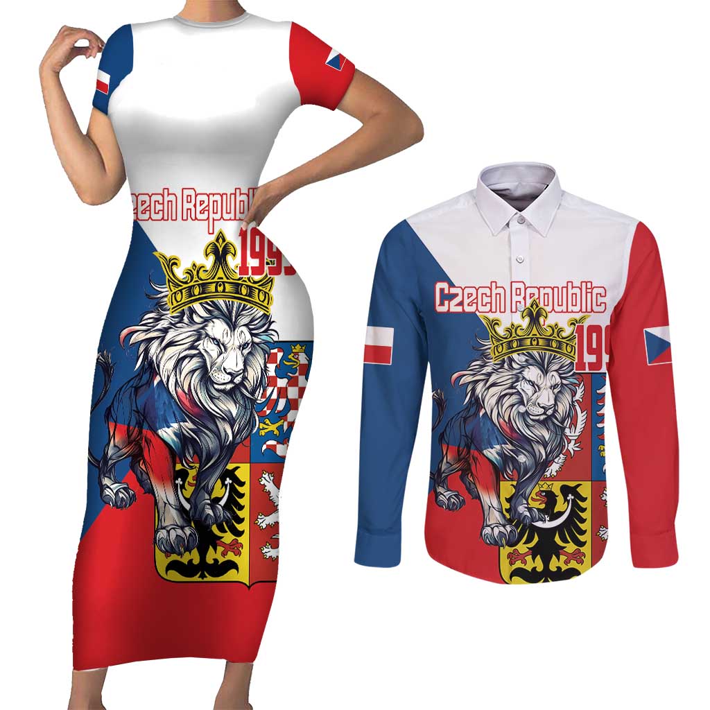 Personalized Czech Republic Restoration Day Couples Matching Short Sleeve Bodycon Dress and Long Sleeve Button Shirt Double-Tailed Lion Truth Prevails - Wonder Print Shop