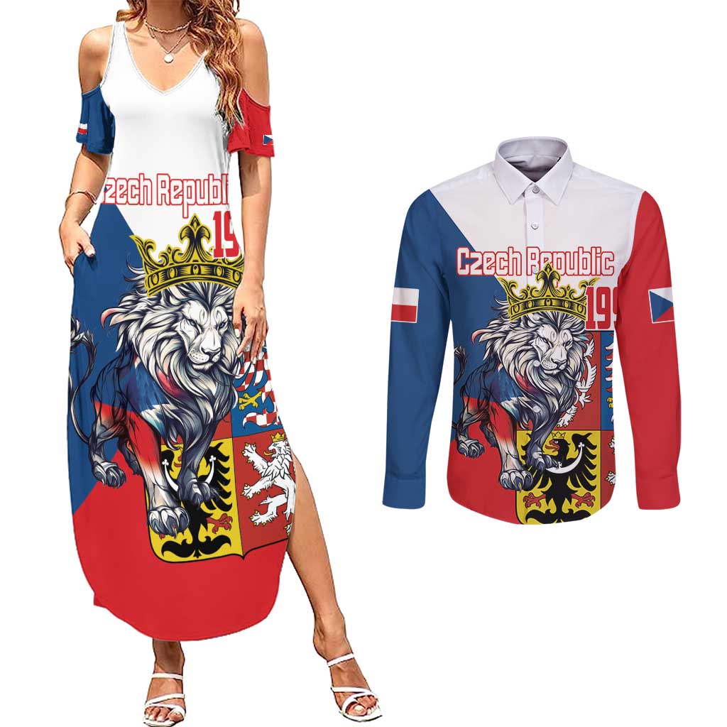 Personalized Czech Republic Restoration Day Couples Matching Summer Maxi Dress and Long Sleeve Button Shirt Double-Tailed Lion Truth Prevails - Wonder Print Shop