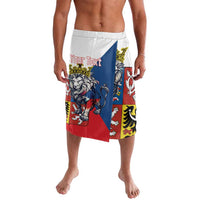 Men's custom printed swim shorts with double-tailed lion and coat of arms, red blue