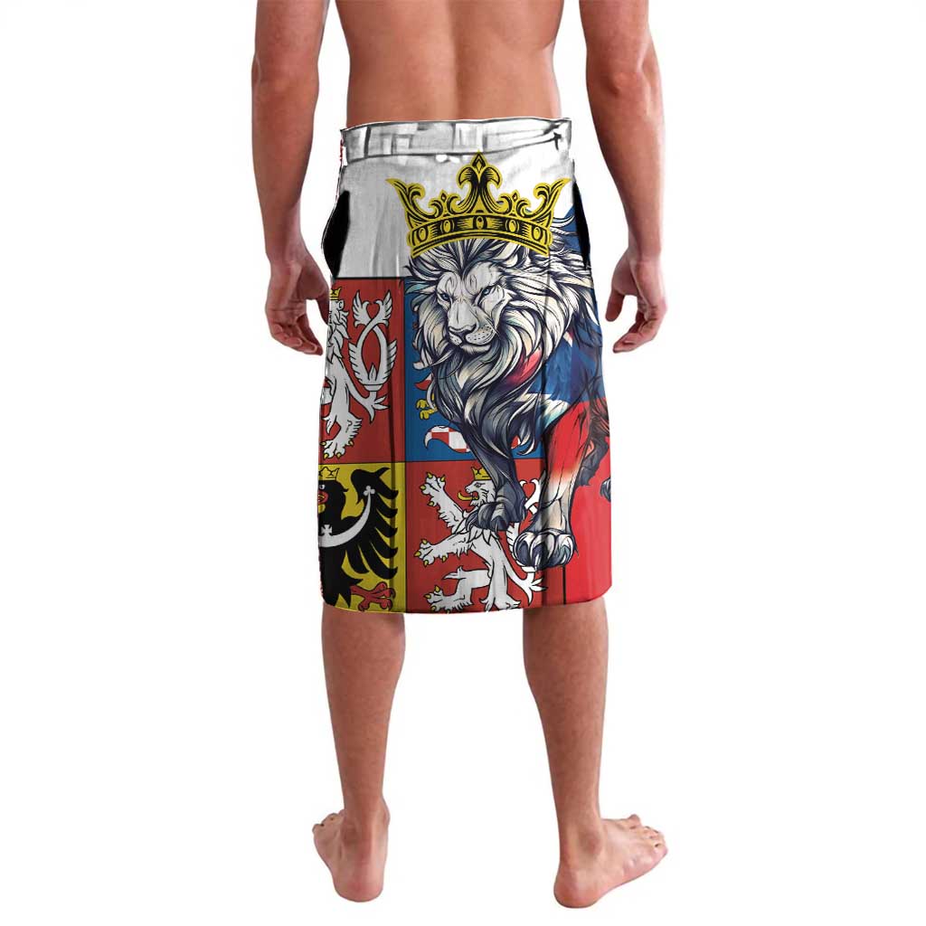 Men's custom printed swim shorts with crown lion crest, multicolor heraldic pattern