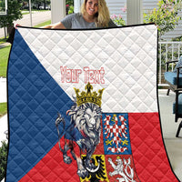 Personalized quilt with blue, white, and red panels; crowned lion graphic and custom text.