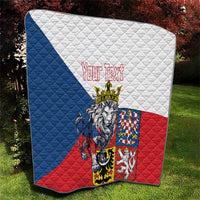 Personalized quilt featuring crowned lion graphic with custom text on blue, white, red blocks.