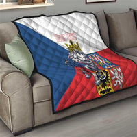Personalized quilt draped on a sofa; blue, white, and red with crowned lion and custom text.