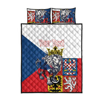 Personalized quilt bed set laid flat in blue, red, white with lion print and 2 pillows