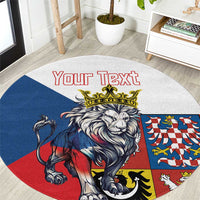 Round lion graphic rug with customizable red text, blue red round design