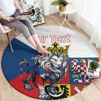 Round lion graphic rug with large red customizable text, shown on floor