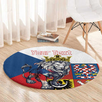 Round lion graphic rug with red customizable text, blue red circle pattern