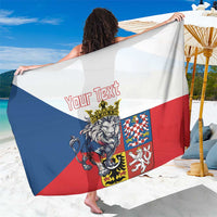 Personalized flag-style sarong with lion crest, blue/white/red panels, 'Your Text'