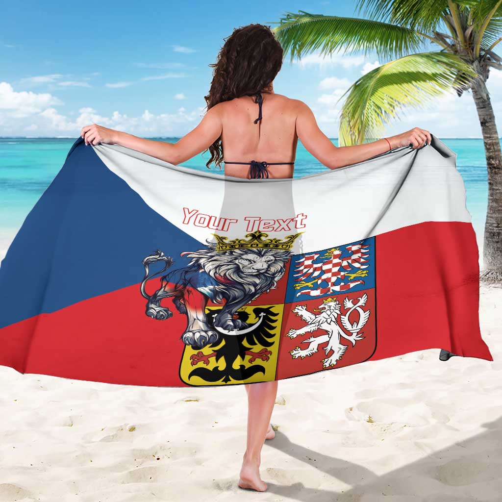 Personalized flag-style sarong worn back view, lion crest and 'Your Text' centered
