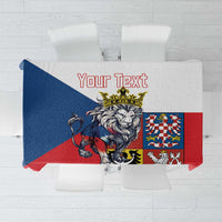 Red tablecloth with lion crest on blue-and-white shield panel and custom text area