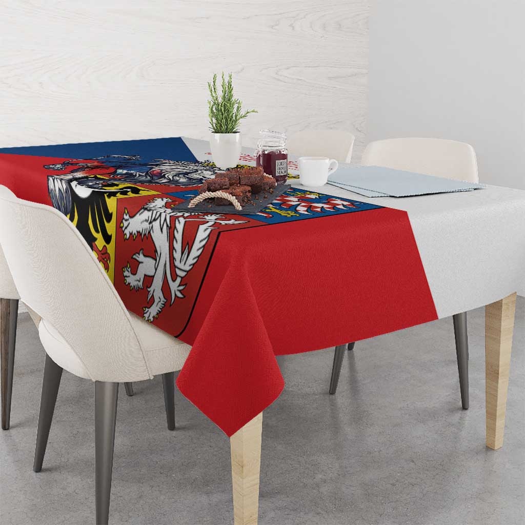 Red tablecloth with lion and shield emblem panel, corner drop over the table