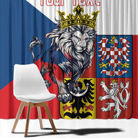 Printed window curtain panel with crowned lion graphic, shield motif, and custom red text