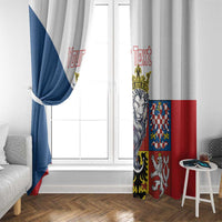 Window curtain with Czech flag colors and crowned lion crest; custom red text near top