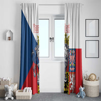 Czech-themed window curtain pair with blue, red, and white halves and custom red text