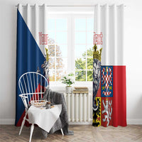 Window curtain with full Czech lion crest, crown, shield details, and custom red text
