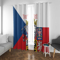 Window curtain pair with Czech lion emblem and custom red text on blue and red background panels