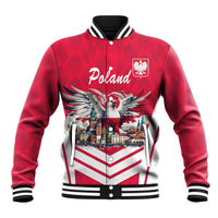 Red baseball jacket with eagle and Poland crest, striped collar, ribbed cuffs