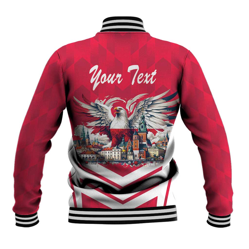 Red back varsity jacket with eagle and town flag graphic, ribbed striped collar, 'Your Text'