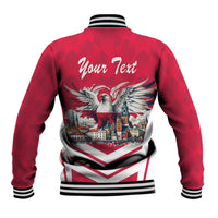 Red back varsity jacket with eagle and town flag graphic, ribbed striped collar, 'Your Text'