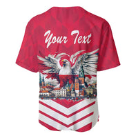 Red baseball jersey back with custom text and eagle over city skyline