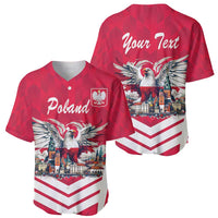 Red baseball jersey front and back with eagle skyline graphics and custom text