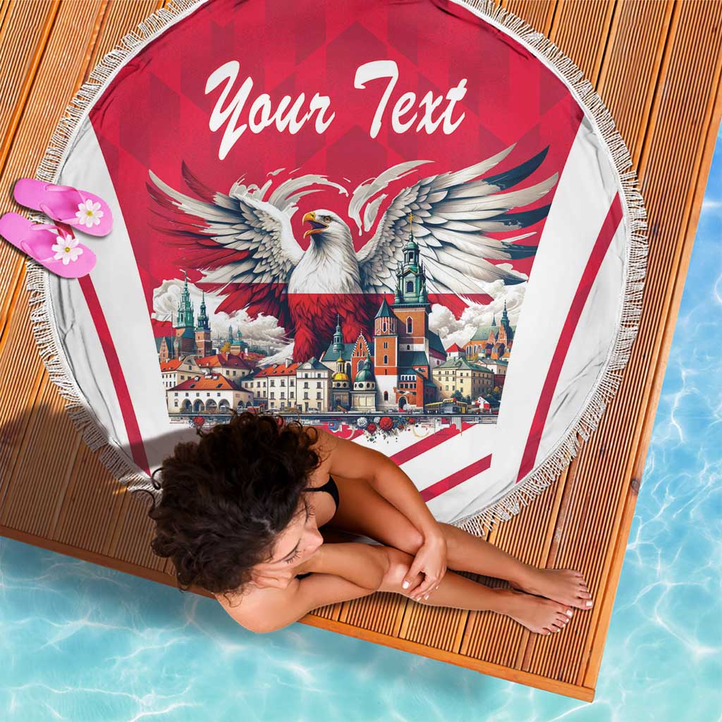 Red center round beach blanket with fringe, eagle artwork and "Your Text" on white panel.
