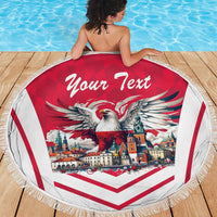 Round beach blanket with fringe showing eagle graphic and "Your Text" on red and white design.